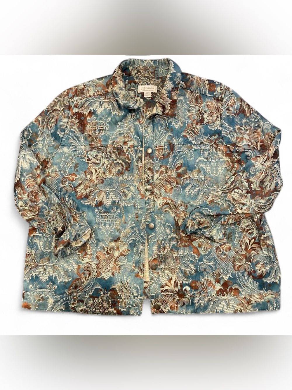 CJ Banks Teal, Brown & Cream Floral Brocade Jacket